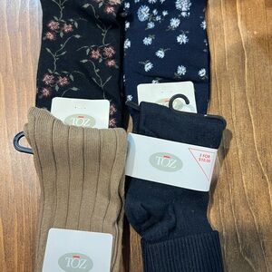 Toz Ribbed and Floral Crew Socks - Black, Navy, Tan, Black Floral